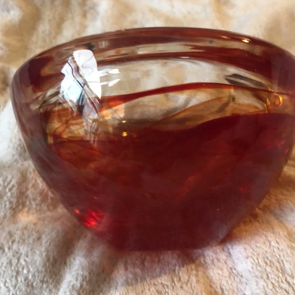 Kosta Boda Swedish orange glass “atoll” votive tea light candle holder